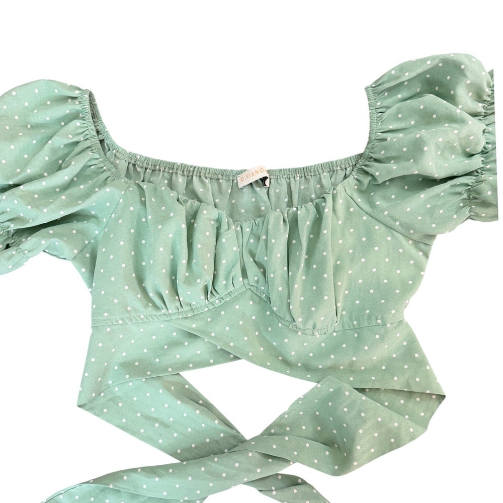 O.VIANCA Women Sage Green Polka Dot Wrap‎ Tie Waist Puff Sleeve Crop Top Size M